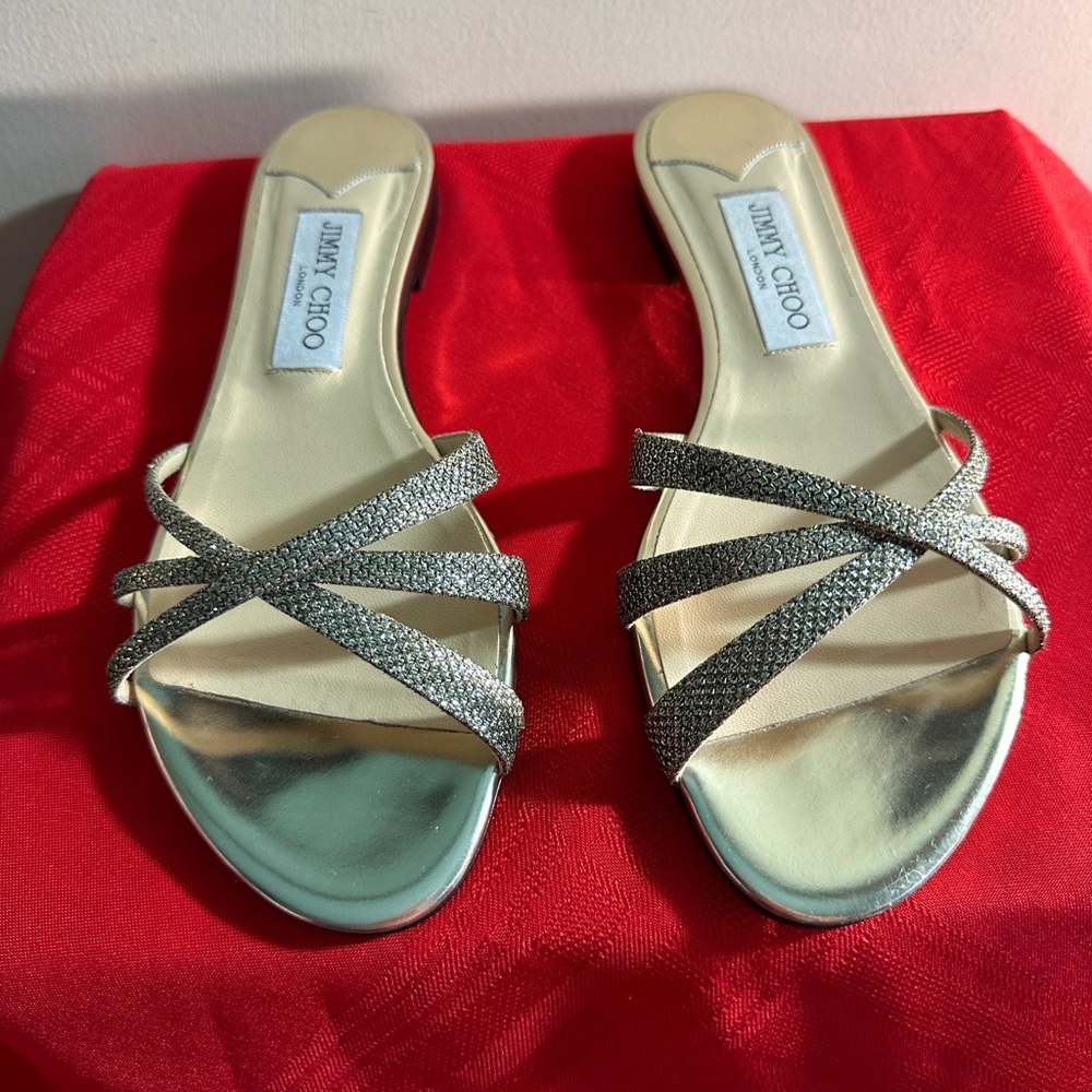 Jimmy Choo Metallic Glitter and Leather
Strappy Flat Sandals